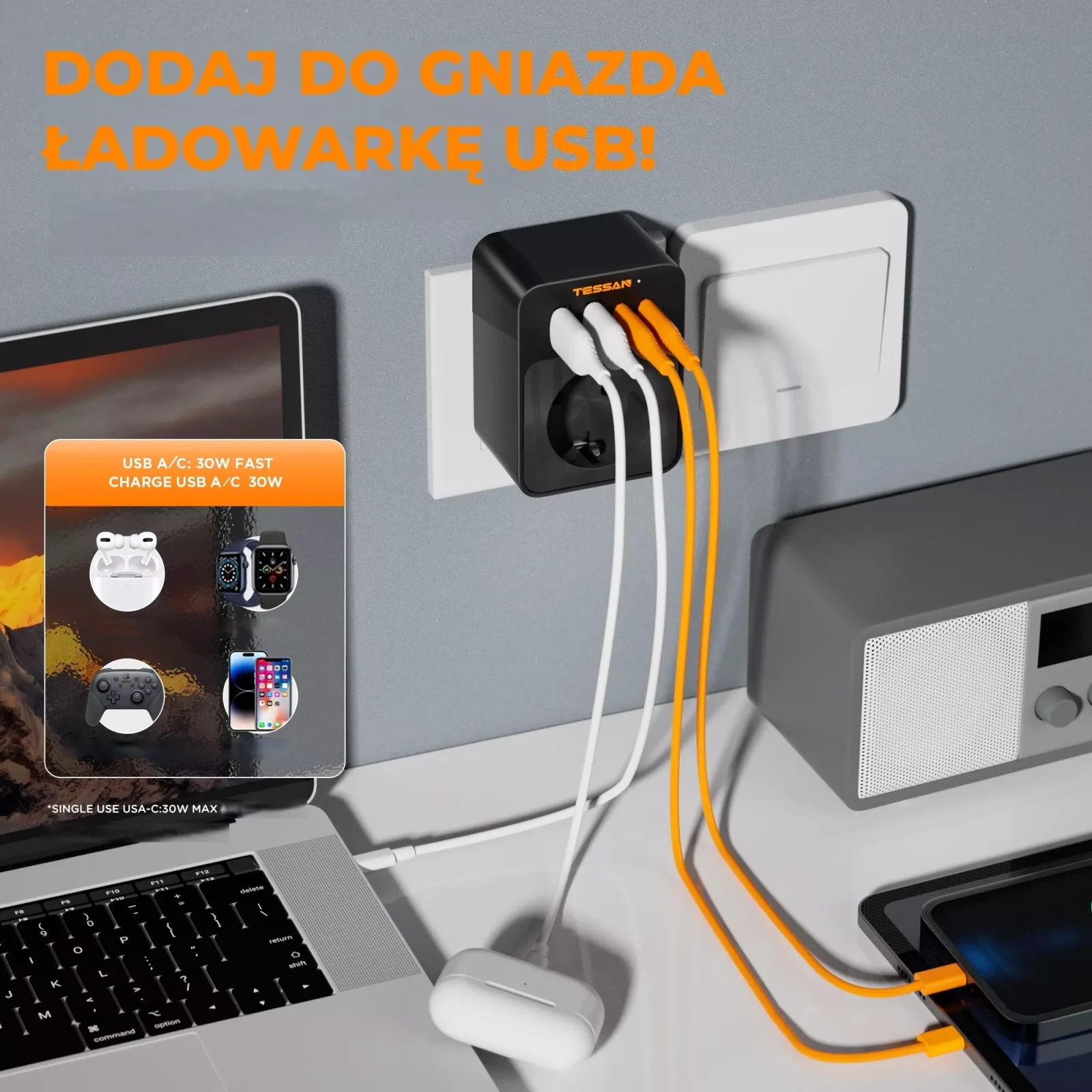 Gniazdo z ładowarką TESSAN USB 30W - obrazek 4