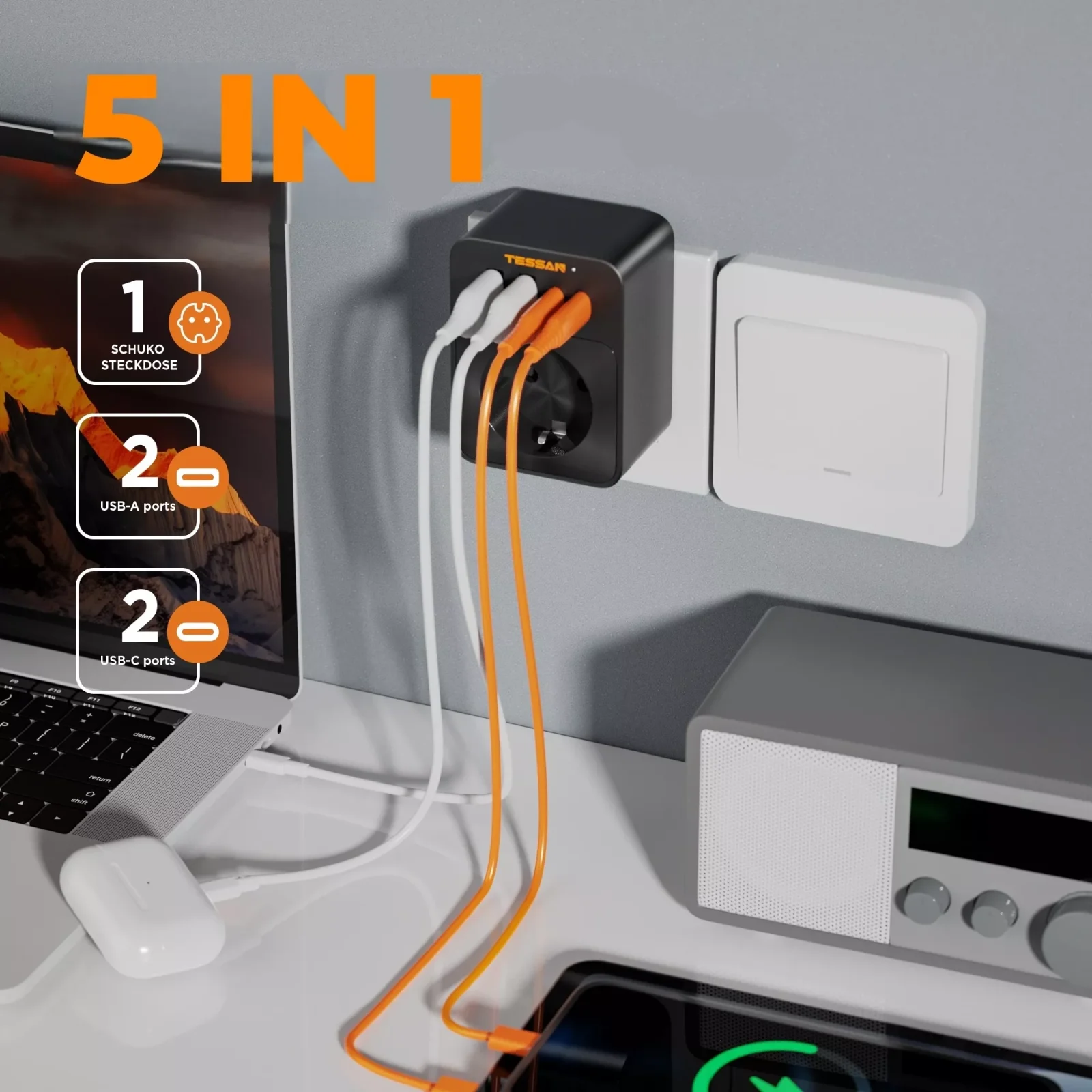 Gniazdo z ładowarką TESSAN USB 30W - obrazek 3